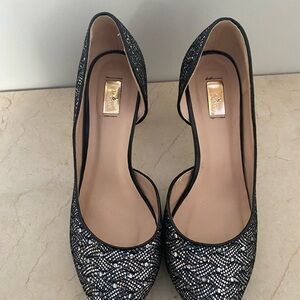 K&M  Women's Black and silver Peep-Toe Heels, Size 6.5B - Formal Evening Shoes